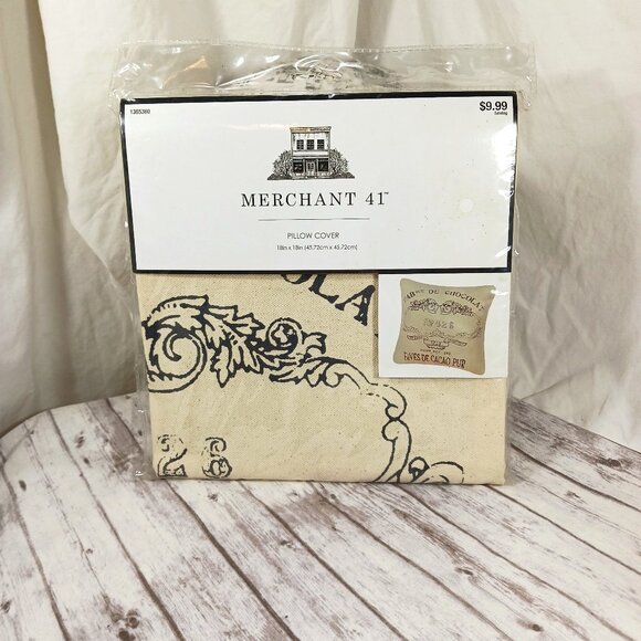 Merchant 41 French Chocolate Script Pillow Cover ONLY Natural Brown 18x18" NEW - Picture 1 of 6